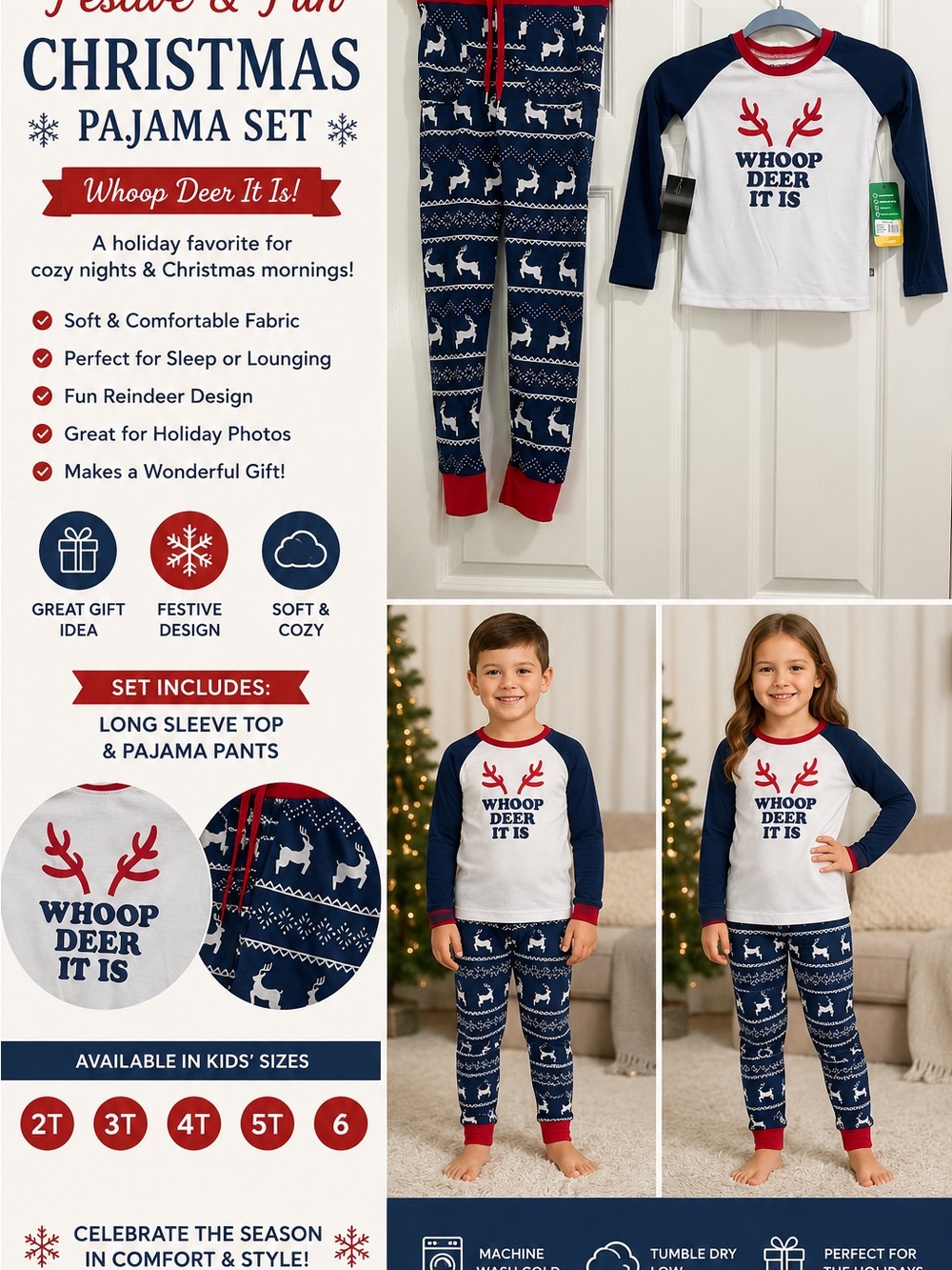 Tipsy Elves Navy, White & Red Kids Reindeer Pajama Set